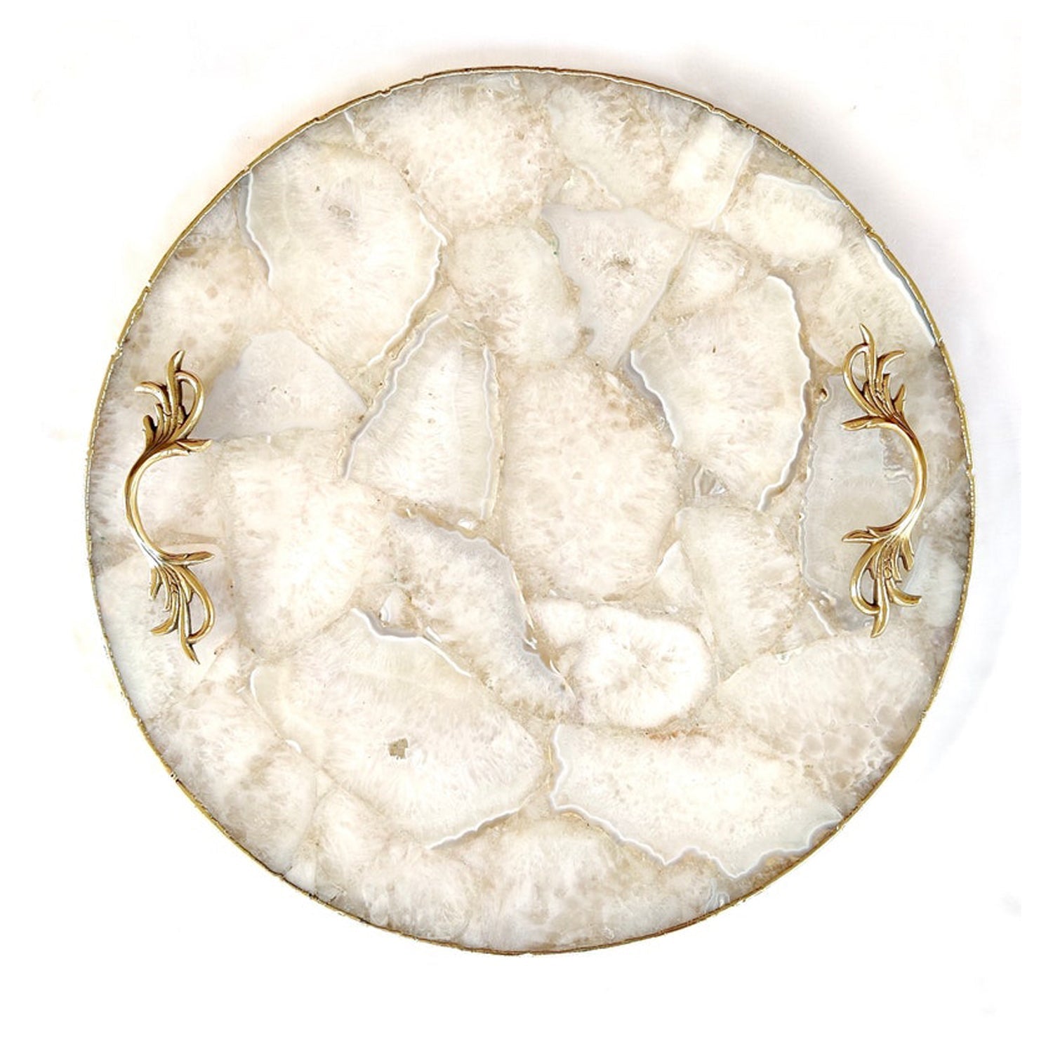 White Agate Serving Tray With Brass Handles | Circular |