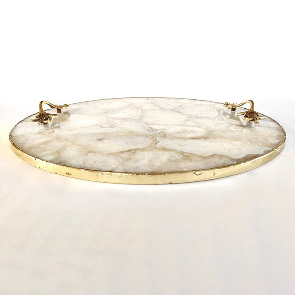White Agate Serving Tray With Brass Handles | Circular |